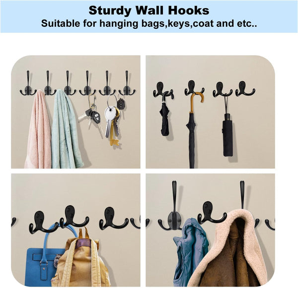 Kruodop 10 Pack Wall Hooks Wall Mounted Coat Hooks for Hanging Heavy Duty, Black Towel Hooks, Metal Double Coat Hanger with Screws Cup Retro for