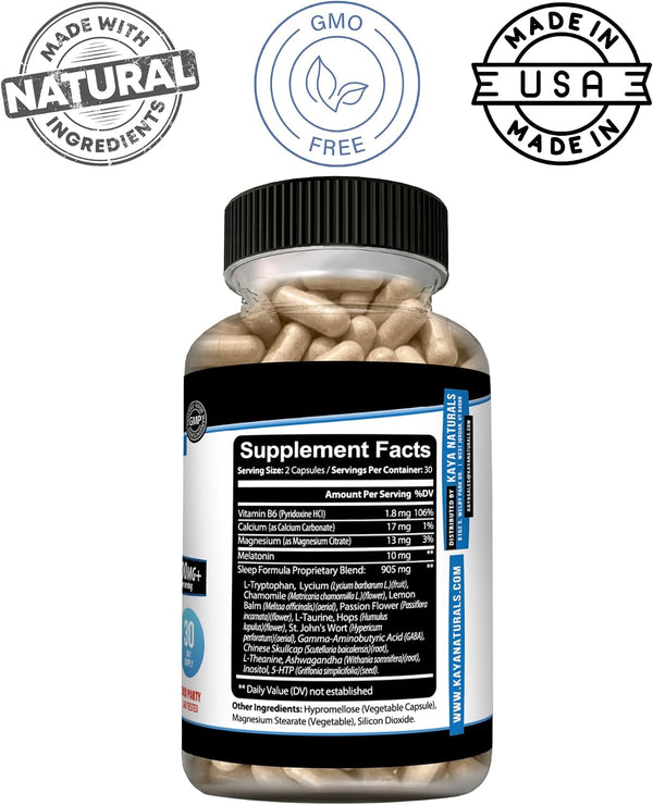 Kaya Naturals - Sleep Support Formula with Melatonin - Aid Support Vitamin Supplement - Sleep Stress and Mood Support - L-Tryptophan, Passion