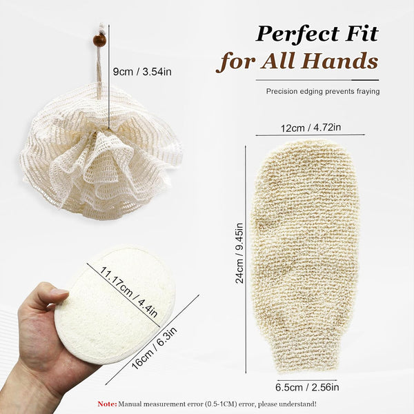 Natural Exfoliating Shower Gloves and Loofah Sponge Set, Gentle Body Scrubber Mitts with Hemp Fiber for Women and Men, 3-Pack Bath Accessories