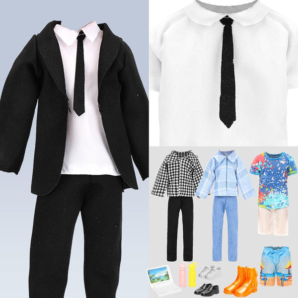 Lot 16 PCS Doll Clothes & Accessories Classic Black Suit for Boy Doll | Include Random 4 PCS Casual Wear + 5 PCS Dolls Pants + 3 Pairs of Shoes