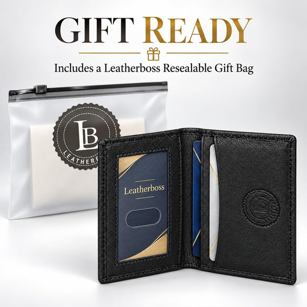 Leatherboss Genuine Leather Small Slim Bifold Wallet | Credit, Debit, ID Card Holder | Compact & Stylish with Clear ID Windows | Gift for Men, Black