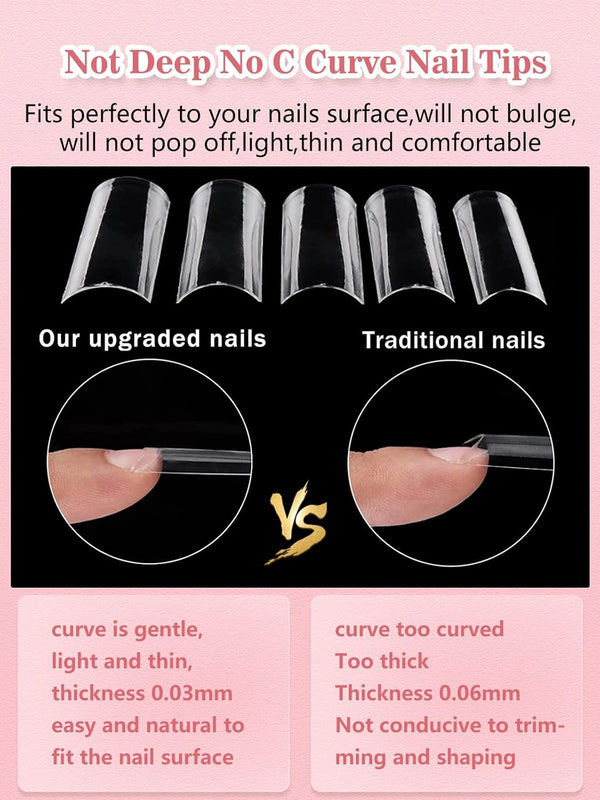 Quaferen Clear Square Nail Tips, 504PCS 3XL Long No C Curve Nail Tips, Half Cover Flat Tapered Square Straight Gel Acrylic Tips False Nails for