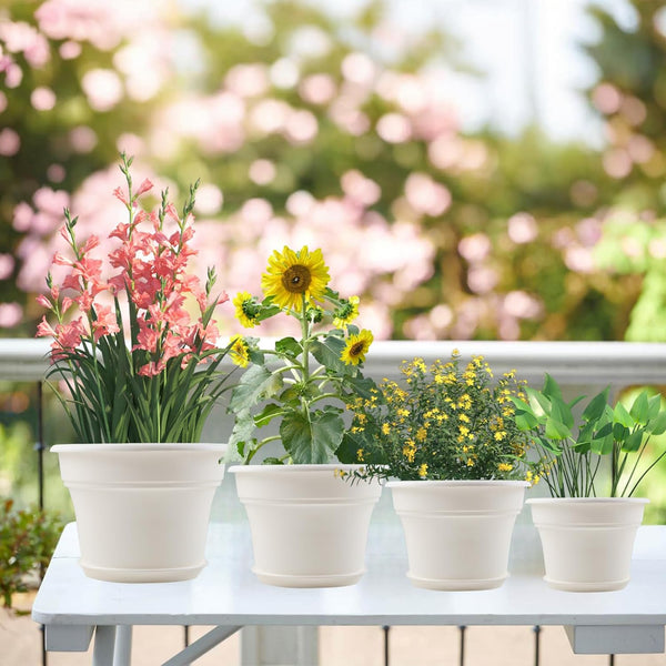 Pottiffe 10 Inch Plastic-Flower-Pot-for-Indoor-Plants, 4 Pack Large Outdoor Planter Pot with Drainage Holes & Saucers, Resin Decorative Garden