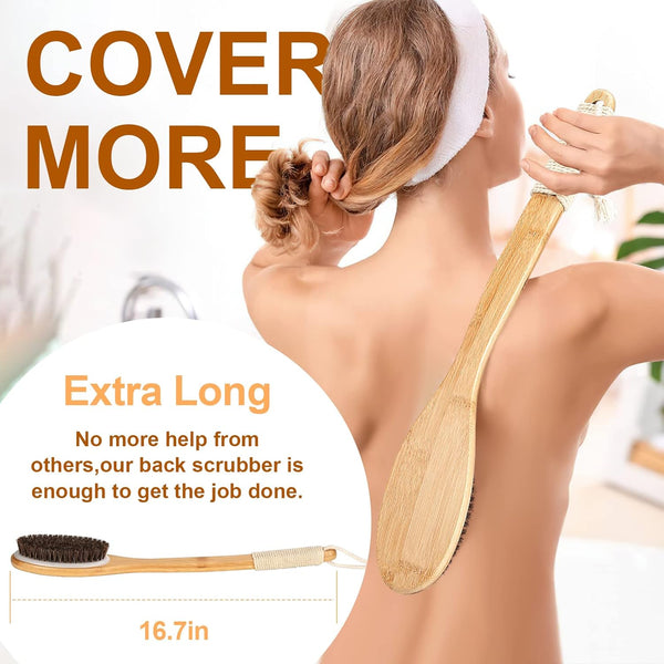Exfoliating Back Scrubber for Shower with Curved Long Handle, 16.7 Inches Bamboo Body Brush with Natural Bristles for Wet or Dry Brushing, Body