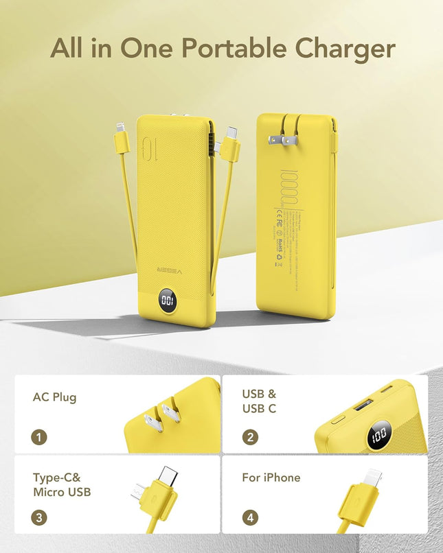 VEGER Portable Charger for Iphone with Built in Cables and Wall Plug, 10000Mah Slim Fast Charging USB C Power Bank, Trav