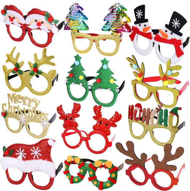 Max Fun 12Pcs Christmas Glasses Glitter Holiday Party Glasses Frames Christmas Decoration Accessories Costume Eyeglasses
