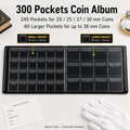 300-Pocket Coin Collection Album for Coins up to 38mm | PU Leather, 240 Small and 60 Large Pockets, Clear Anti-Drop Sleeves for Coin Collectors,