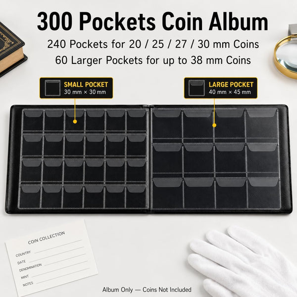 300-Pocket Coin Collection Album for Coins up to 38mm | PU Leather, 240 Small and 60 Large Pockets, Clear Anti-Drop Sleeves for Coin Collectors,