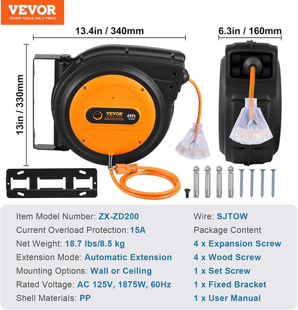 VEVOR Retractable Extension Cord Reel, 65 FT, Heavy Duty 12AWG/3C SJTOW Power Cord, with Lighted Triple Tap Outlet, 15 Amp Circuit Breaker, 180°
