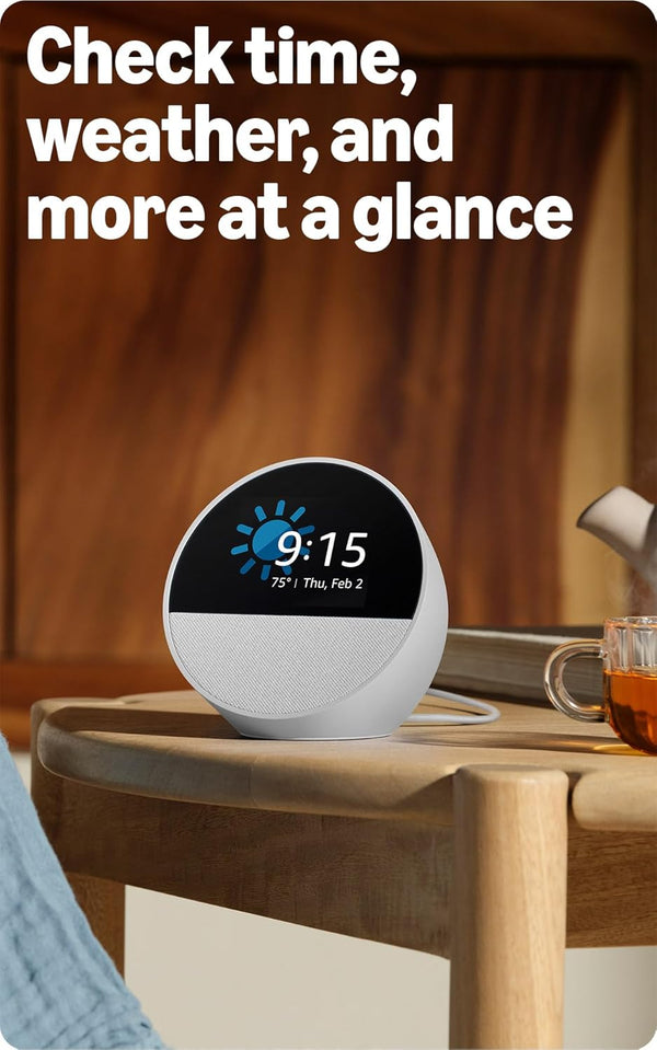 Amazon Echo Spot (newest model), Great for nightstands, offices and kitchens, Smart alarm clock, Designed for Alexa+, Glacier White Glacier White