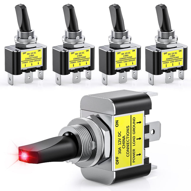 Nilight 5PCS LED Toggle Switch on off 12V 30A Red LED Lighted Metal Switches Heavy Duty SPST 3 Pin Rocker 12Mm Mounting 