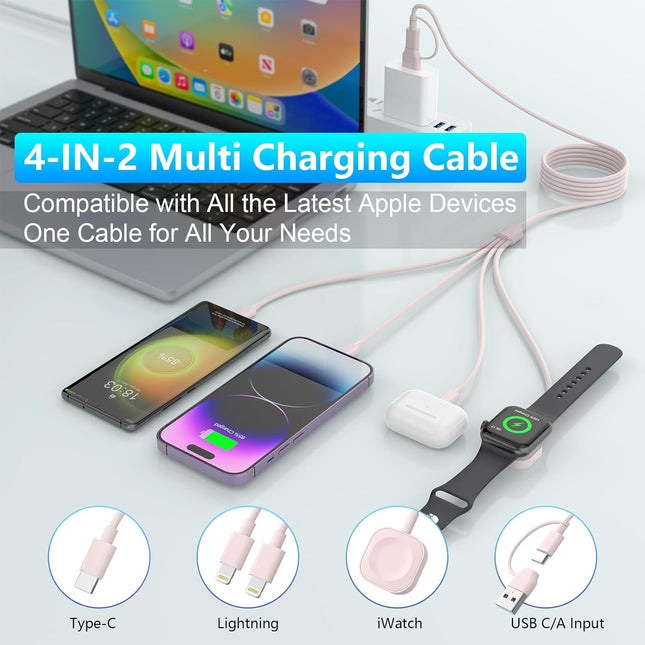 4 in 2 Travel Multi Charging Cable for Apple Watch Charger (6FT/1.8M), Universal Chargers for All Devices Travel Essenti