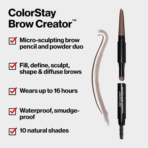 Revlon Eyebrow Pencil & Powder, Colorstay Brow Creator 2-In-1 Eye Makeup with Spoolie, Longwearing with Precision Tip, 610 Dark Brown, 0.23 Oz