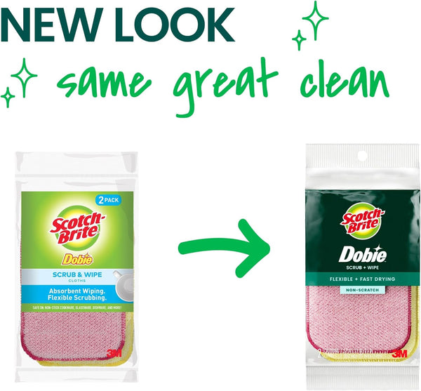 Scotch-Brite Dobie Scrub & Wipe Cloths, Sponge Cloths for Cleaning Kitchen, Bathroom, and Household, Dobie Scrub and Wipe Cloth Absorbs and