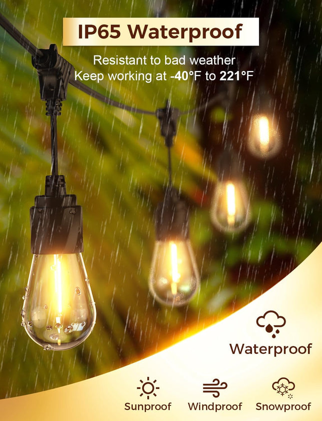 XMCOSY+ 48FT Outdoor String Lights Waterproof - LED Patio Hanging Lights for Outside Porch Backyard Gazebo Garden, Comme