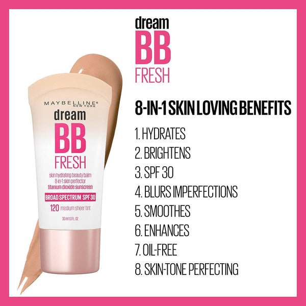Maybelline Dream Fresh Skin Hydrating BB Cream, 8-In-1 Skin Perfecting Beauty Balm with Broad Spectrum SPF 30, Sheer Tint Coverage, Oil-Free,