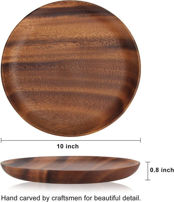 2 Pcs 10 Inch Acacia Wood Dinner Plates Set for Eating Wooden Round Charcuterie Boards Kitchen Serving Platters for Food Dishes Cheese Tray