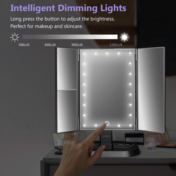 deweisn Trifold Lighted Vanity Makeup Mirror with 21 LEDs Lights,1x/2x/3x Magnification and Touch Screen Dimming,Two Power Supplies Makeup Mirror,