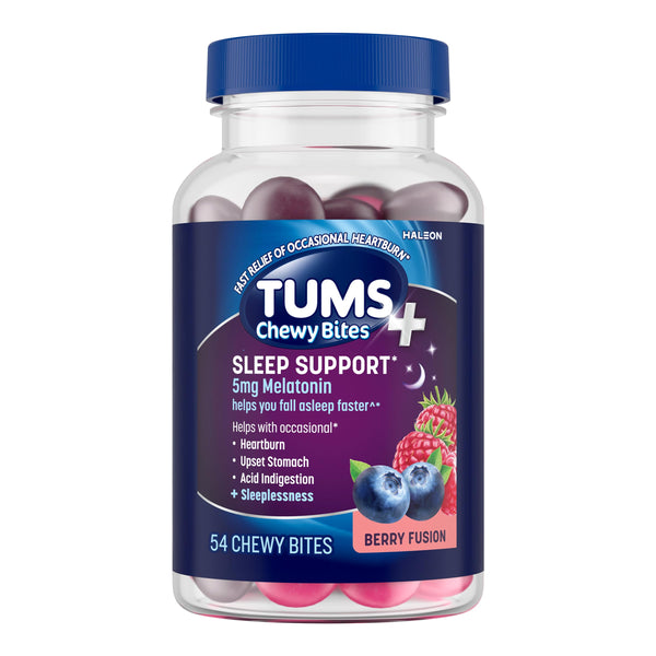 TUMS Chewy Bites Antacid Tablets Plus Sleep Support, Berry Fusion, 54 Count