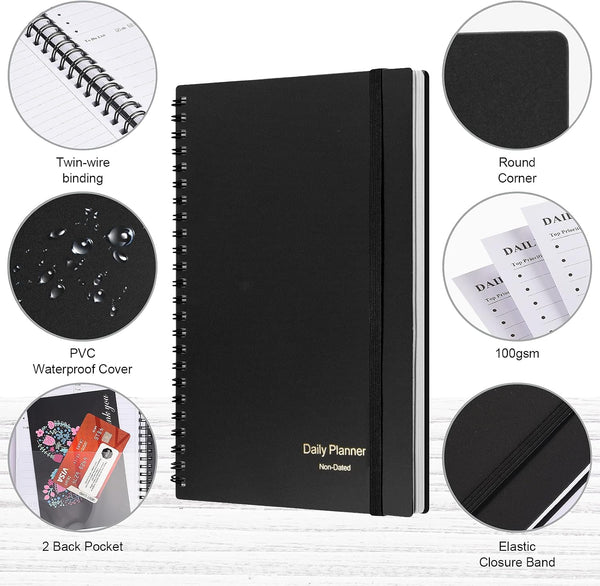 Daily Planner Undated, Asten To Do List Notebook Hourly Schedules Spiral Appointment Planner for Men and Women,PVC Hardcover,Elastic Closure,