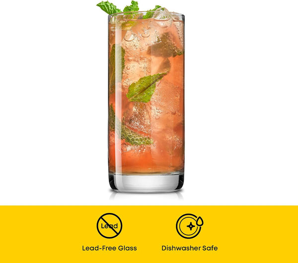 JoyJolt Faye 13oz Highball Glasses, 6pc Tall Glass Sets. Lead-Free Crystal Drinking Glasses. Water Glasses, Mojito Glass Cups, Tom Collins Bar