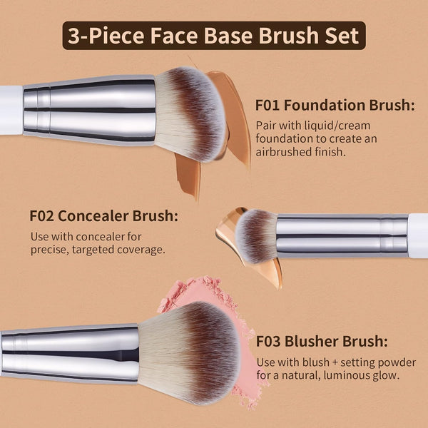 DUcare Foundation Contour Blush Conceal Brush Set, 3PCS Angled Synthetic Kabuki Brush for Blending Setting Buffing with Liquid, Cream and Powder