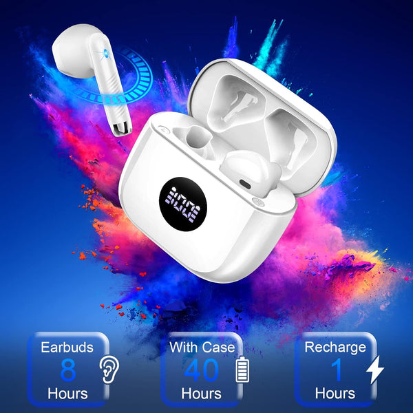 Wireless Earbuds, Bluetooth 5.4 Ear Buds, LED Power Display, 6D Bass Stereo Pearl White