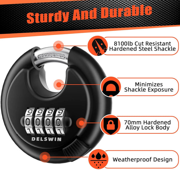 DELSWIN 4-Digit Disc Combination Lock Outdoor - Heavy Duty Combination Padlocks with Hardened Steel Shackle Weatherproof Combo Locks for