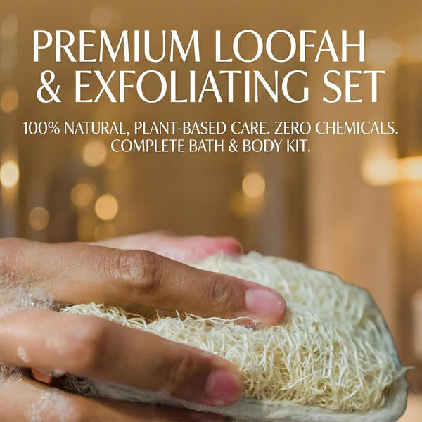 Natural Loofah Bath Set, Exfoliating Luffa Sponge Pads, Back Loofah Scrubber and Sisal Soap Bag. Bath Shower Loofah Sponges for Women and Men, for