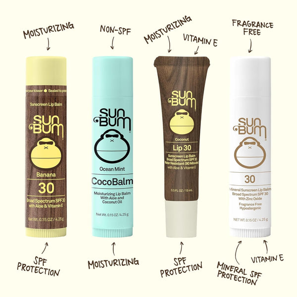 Sun Bum SPF 30 Sunscreen Lip Balm 3 Flavor Variety Pack - Coconut, Banana, Watermelon - Moisturizing Aloe Vera and Vitamin E - Vegan and Cruelty