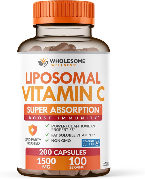 Wholesome Wellness Liposomal Vitamin C Capsules (200 Pills 1500Mg Buffered) High Absorption, Immune System & Collagen Booster, High Dose Fat