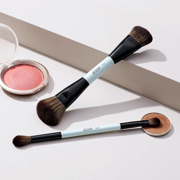Jessup Makeup Brushes 2Pcs Double Sided Foundation Brush Contour Brush Dual Ended Eye Blending Brush, Multi-Functional Cosmetic Brush Bright Cyan T502