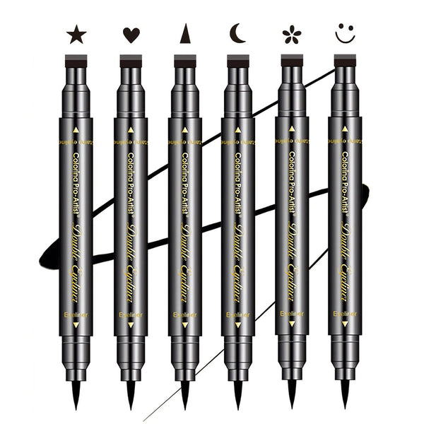 6 Pcs Double-Headed Eyeliner Stamps Set Black Liquid Eye Liner Pen with Star,Moon,Heart,Flower,Smiley,Triangle Stamp Stencils Shapes for Women