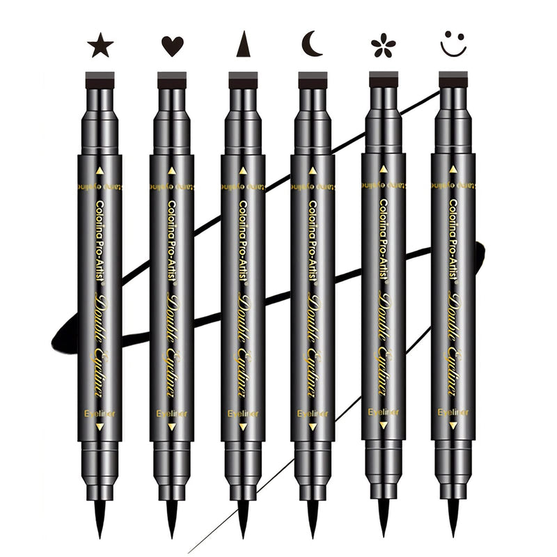 6 Pcs Double-Headed Eyeliner Stamps Set Black Liquid Eye Liner Pen with Star,Moon,Heart,Flower,Smiley,Triangle Stamp Stencils Shapes for Women