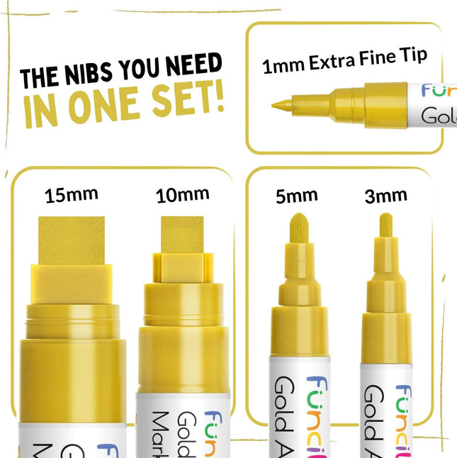 5 Acrylic Gold Paint Pen Metallic - Gold Marker Metallic Paint for Wood, Fabric, Canvas, Leaf, Tire, Metal, Glass - Perm