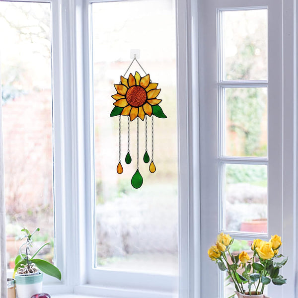 Sunflower Stained Glass Window Hanging,Sunflower Birthday Party Decorations,Outdoor Suncatcher for Patio,Kitchen and Garden Decor,Sunflower Gift