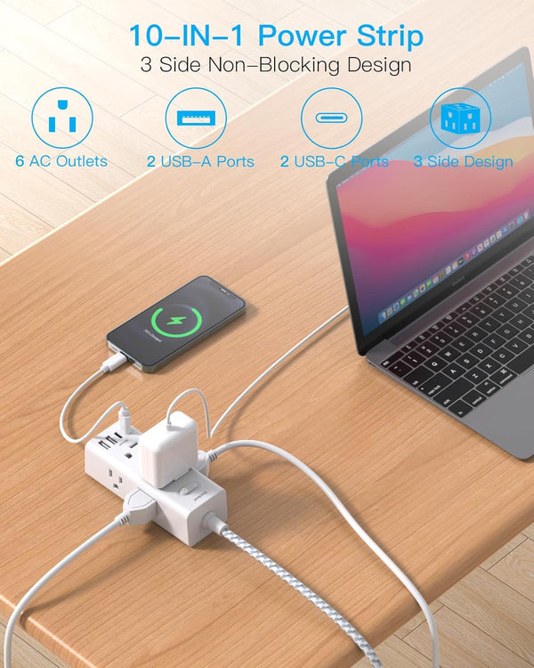 Power Strip Surge Protector - One Beat 6 Widely Outlets with 3 USB Ports (1 USB C), 5 Ft Extension Cord Flat Plug, Wall Mount Outlet Extender