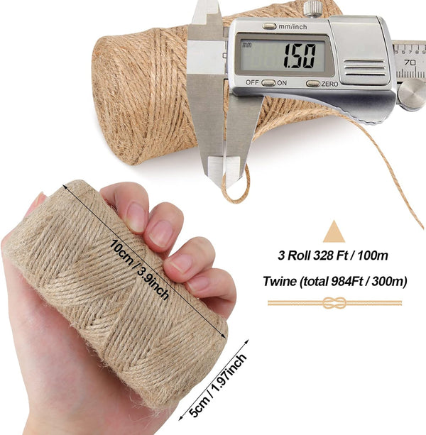 984 FT Natural Jute Twine, 3ply Thin Ribbon Hemp Twine for Gardening, Plant, Gift Wrapping, Art, Wedding Decoration, Packing, Bulk (3 Roll) 984 FT