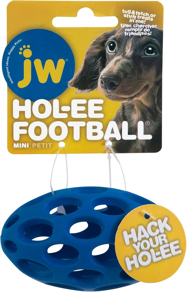 JW Pet Hol-ee Football Dog Toy Puzzle Ball, Natural Rubber, Mini (5.25 Inch Length), Colors May Vary | Textured surface for grip, hollow design