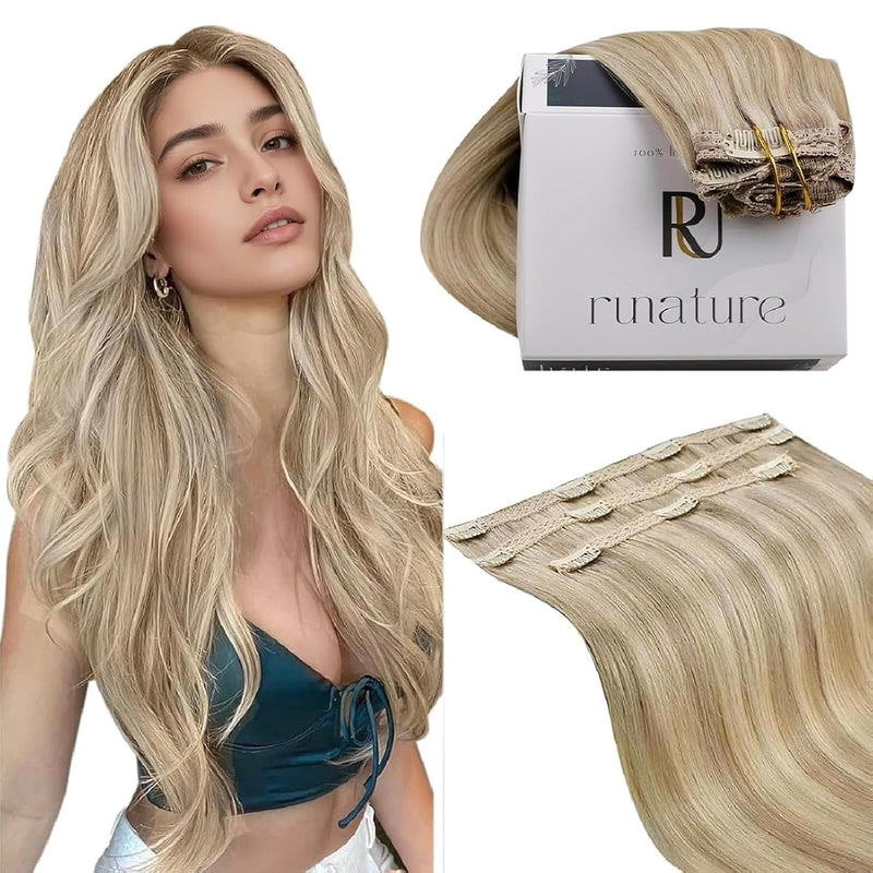 RUNATURE Clip in Hair Extensions Real Human Hair, Short Hair Extensions Clip Ins, Remy Human Hair for Women Double Weft 10 Inch 50G 3Pcs 6P22
