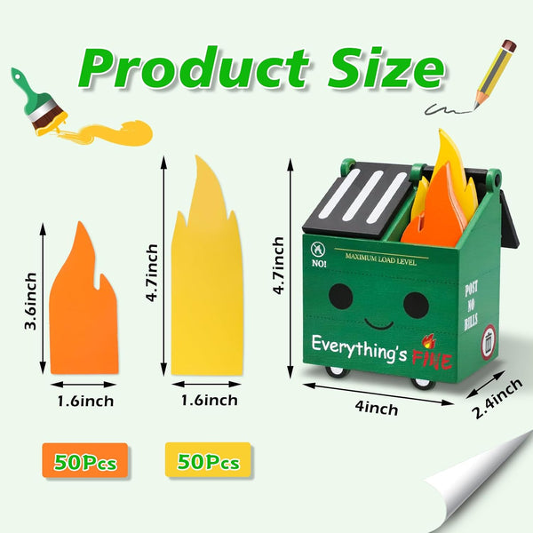 PUNICA Dumpster Fire Pencil Holder with 100 Pcs Flame Note Cards, Funny Office Desk Accessories Decor, Great Gifts for Coworkers Teacher - Green