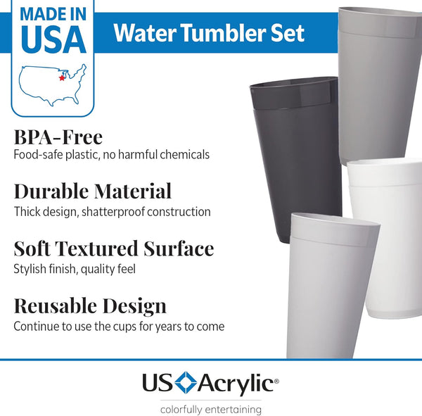 US Acrylic Newport 20 Ounce Unbreakable Plastic Stackable Water Tumblers in Grey Stone | Set of 12 Drinking Cups | Reusable, Bpa-Free, Made in the