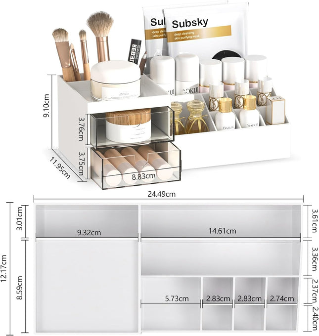 Subsky Makeup Organizer with Drawers, Easy Storage for Beauty Products Brushes, Multifunction Plastic Desk Organizer, Co