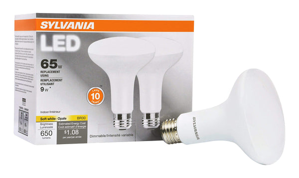 Sylvania LED Flood BR30 Light Bulb, 65W Equivalent Efficient 9W, 10 Year, 650 Lumens, Dimmable, 2700K, Soft White - 2 Pack (73954) 2700k Soft