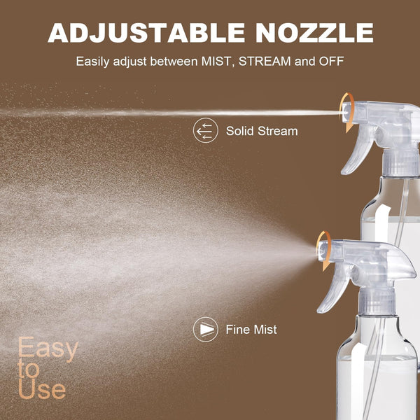 Plastic Spray Bottles (2-Pack, 16.9 Oz) Heavy Duty Spraying, Mist & Stream Clear, 2-Pack