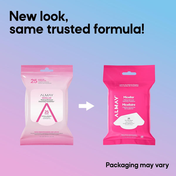 Almay Micellar Makeup Remover Cleansing Towelettes, Hypoallergenic, Fragrance-Free, 25 count (Packaging may vary) 25 Count (Pack of 1) MICELLAR