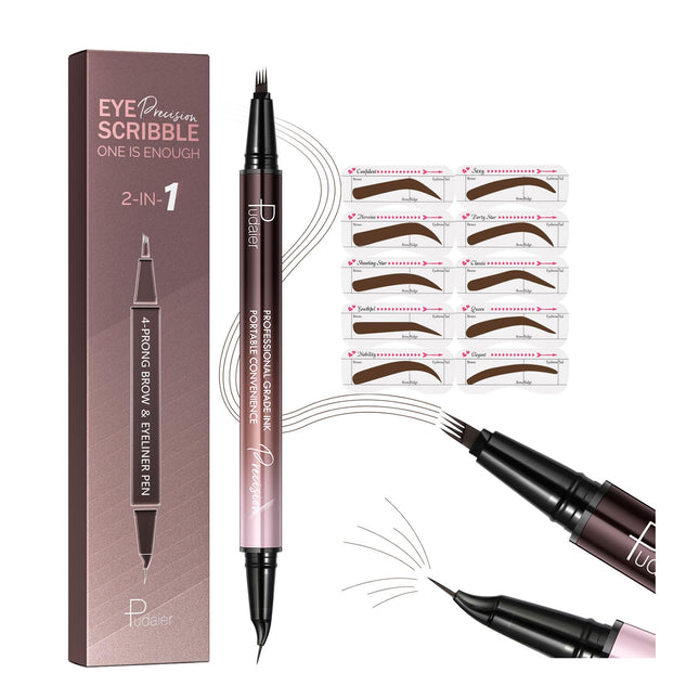 2-In-1 Curved Eyebrow Pen and Eyeliner with 10Pcs Brow Stencils, Microblading Eyebrow Pencil with 4 Fork-Tip and Curved 