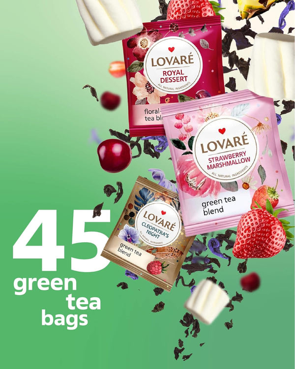 LOVARE Black and Green Tea Bags Variety Pack - Made in Ukraine Tea Sampler - Individually Wrapped 90 Assorted Tea Bags - Gift Box for Tea Lovers