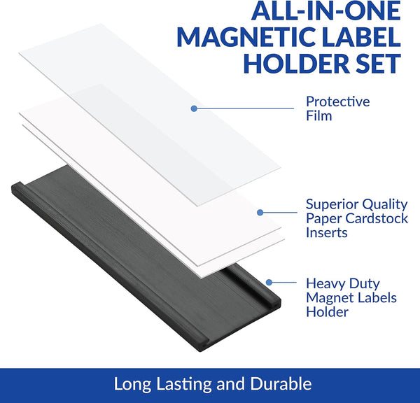 50 Pack "C" Channel Magnetic Label Holders 1X3 with 100 White Card Inserts, 50 Clear Plastic Protectors and Bonus 20 Colorful Cardstock Inserts in