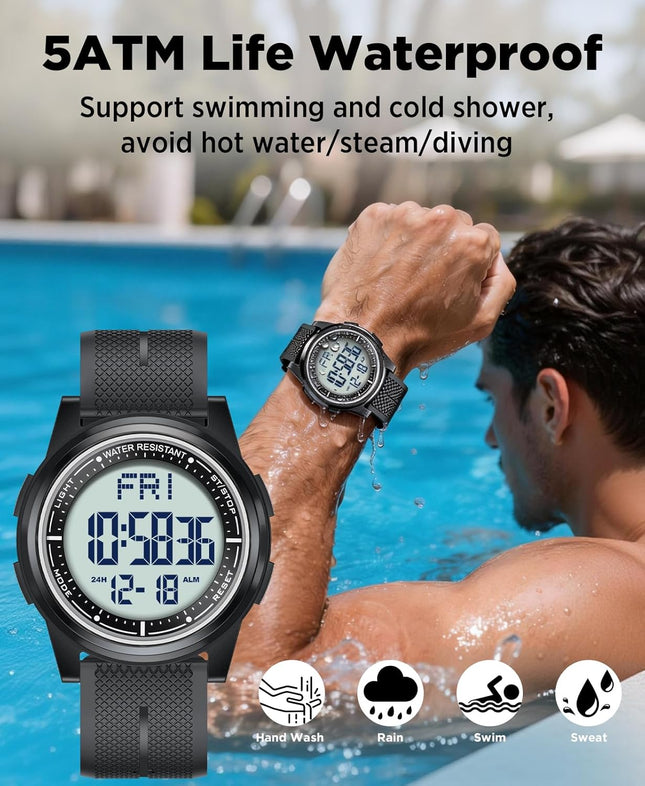 Beeasy Digital Watch Waterproof with Stopwatch Alarm Countdown Dual Time, Ultra-